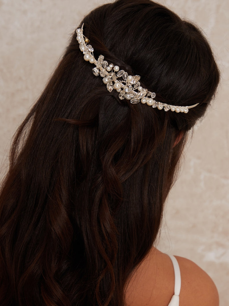 Floral Pearl & Beaded Hair Piece in Silver