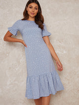 Angel Sleeved Print Frill Hem Midi Dress in Blue