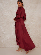 Satin Wrap Long Sleeve V-Neck Dress in Red