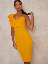 Cami Strap Frill Detail Bodycon Dress in Yellow