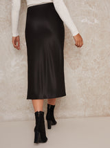 Satin Slip Midi Skirt in Black