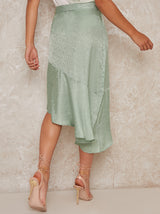 Asymmetric Design Elasticated Waist Midi Skirt in Green