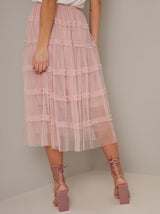 Mesh Overlay Tiered Midi Skirt in Pink