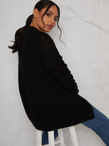 Knitted Cardigan with Bobble Sleeve Detail in Black