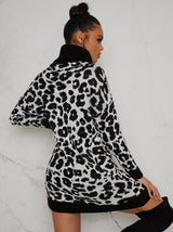 Long Sleeve Roll Neck Knitted Jumper Dress in Black Animal Print