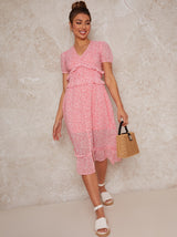 V Neck Floral Print Midi Day Dress in Pink