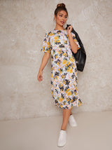 Flutter Sleeve Floral Print Midi Day Dress in White