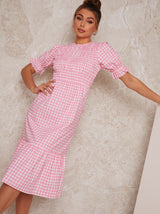 Gingham Midi Day Dress with Shirred Bodice in Pink