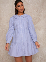 Long Sleeve Stripe Print Mini Day Dress in Blue