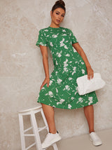 Flutter Sleeve Floral Print Midi Day Dress in Green