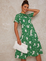 Flutter Sleeve Floral Print Midi Day Dress in Green