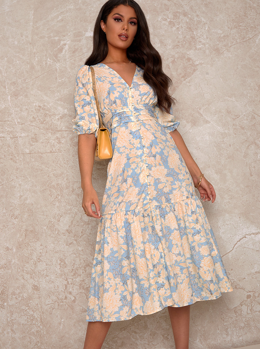 Balloon Sleeve V Neck Button Up Midi Dress in Blue – Chi Chi London