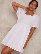 Broderie Anglais Puff Sleeve Mini Dress in White