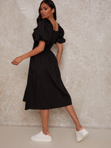 Puff Sleeve Cotton Midi Dress in Black