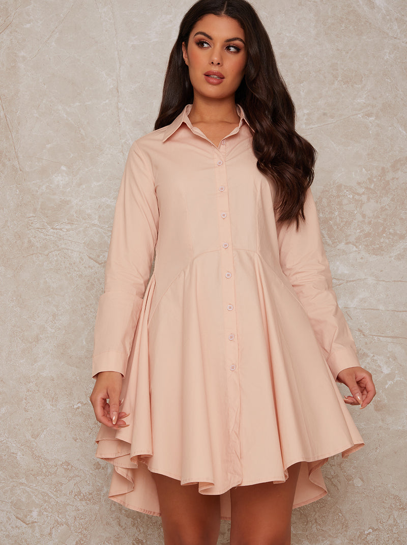 Cotton Shirt Dress with Pleated Detail in Pink