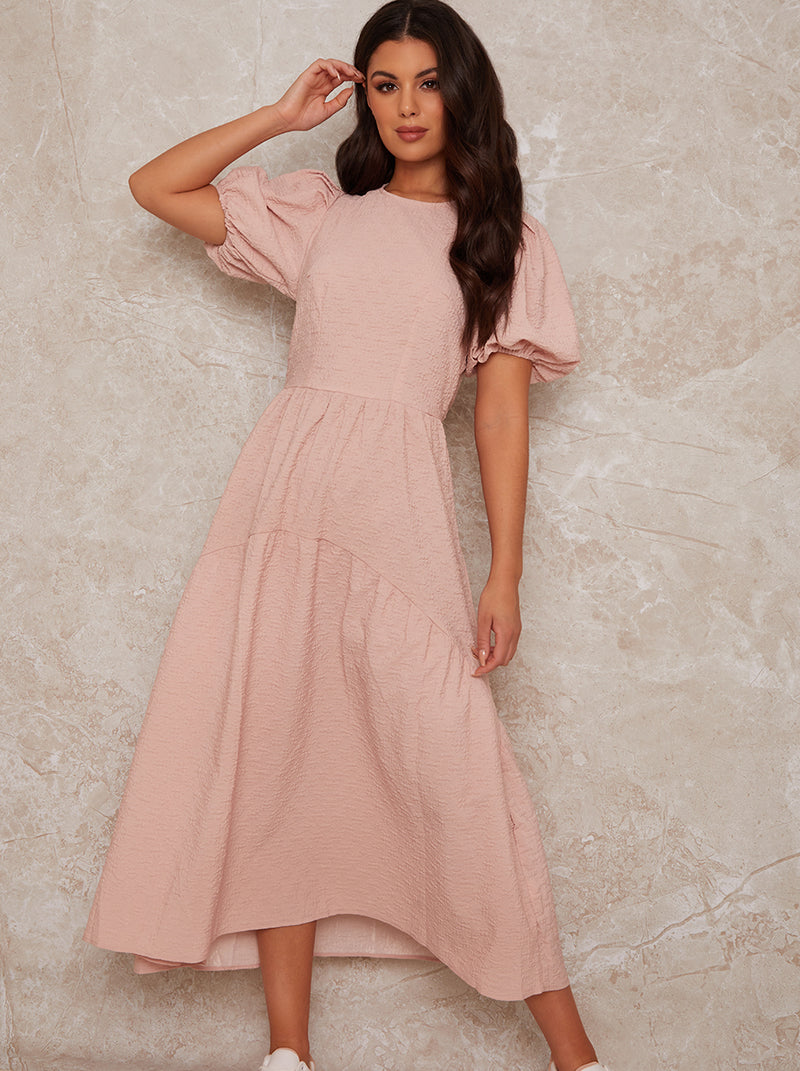 Puff Sleeve Tiered Midi Dress in Pink