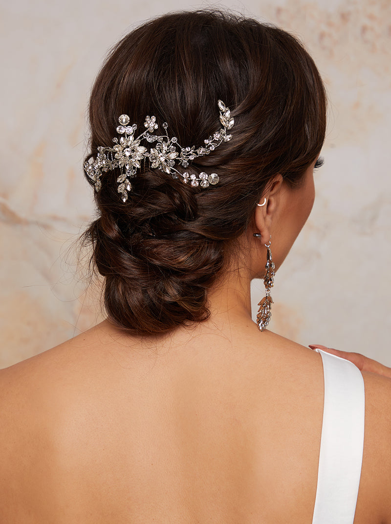 Floral Beaded Bridal Hair Piece in Silver