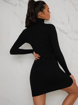 Polo Neck Rib Knit Mini Jumper Dress In Black