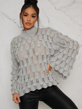 Knitted Crochet Bell Sleeve Jumper in Grey