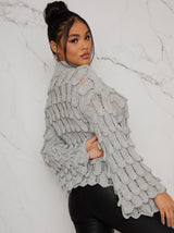 Knitted Crochet Bell Sleeve Jumper in Grey