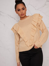 Frill Front Jumper in Beige