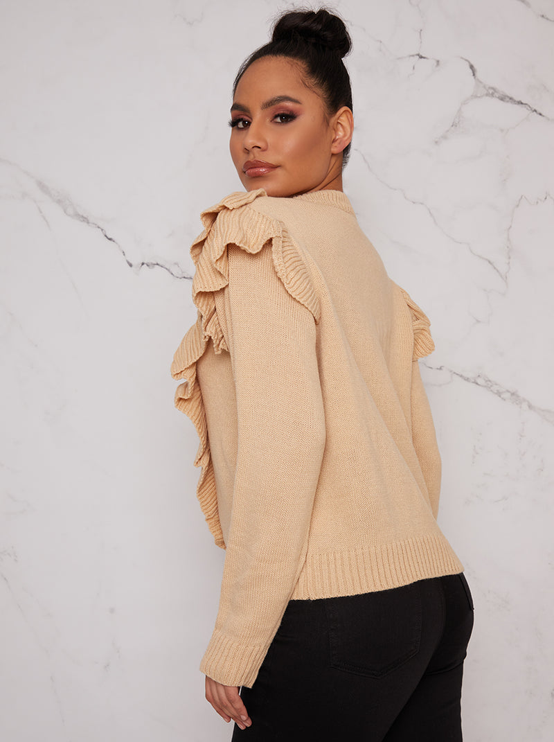 Frill Front Jumper in Beige