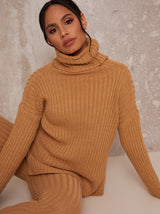 Roll Neck Ribbed Knit Loungewear Set in Camel