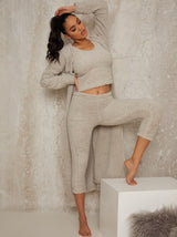 Cami Top 3 Piece Fluffy Lounge Set In Grey
