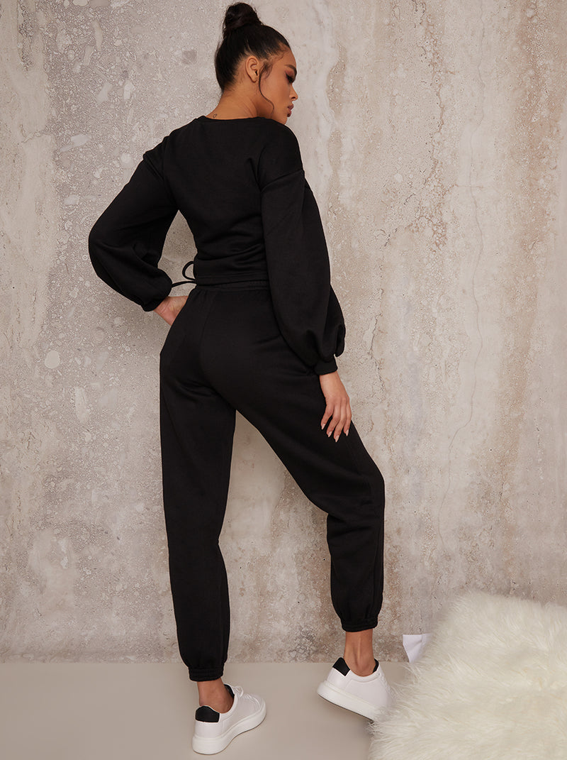 Ruched Detail Sweatshirt & Jogger Loungewear Set in Black