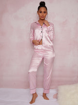 Candy Stripe Satin Pyjamas in Pink