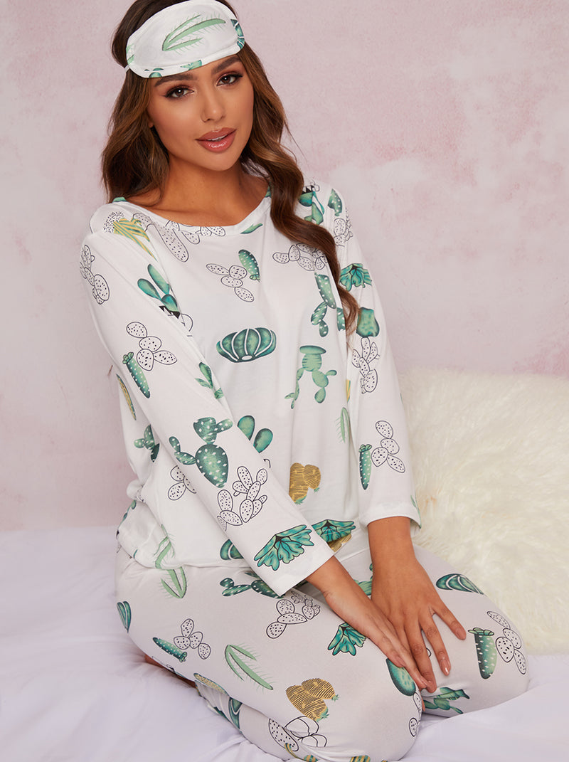 Cactus Print Long Sleeve Pyjama Set in White