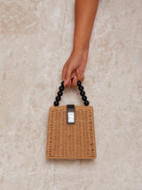 Wicker Box Bag with Beaded Handle in Brown