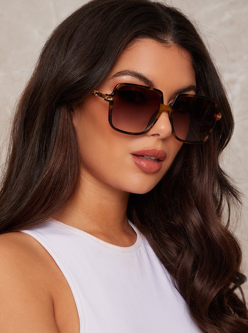 Square Frame Sunglasses with Gold Arms in Brown