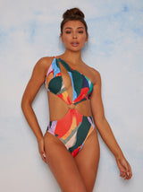 Asymmetric Cut Out Abstract Print Swimsuit in Multi