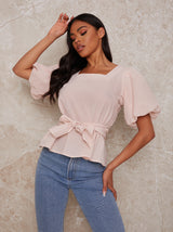 Puff Sleeve Cotton Top with Tie Detail in Pink