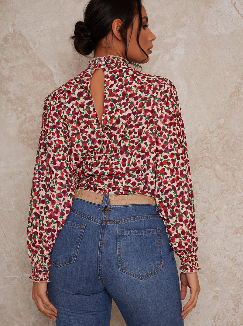 High Neck Floral Print Top in Pink