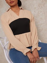 Long Sleeve Shirt with Overlay in Beige