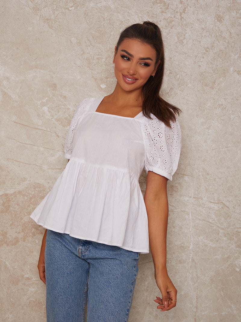 Broderie Anglais Puff Sleeve Blouse in White