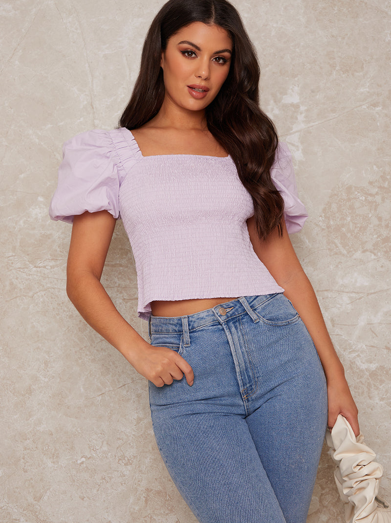 Puff Sleeve Shirred Cotton Top in Lilac