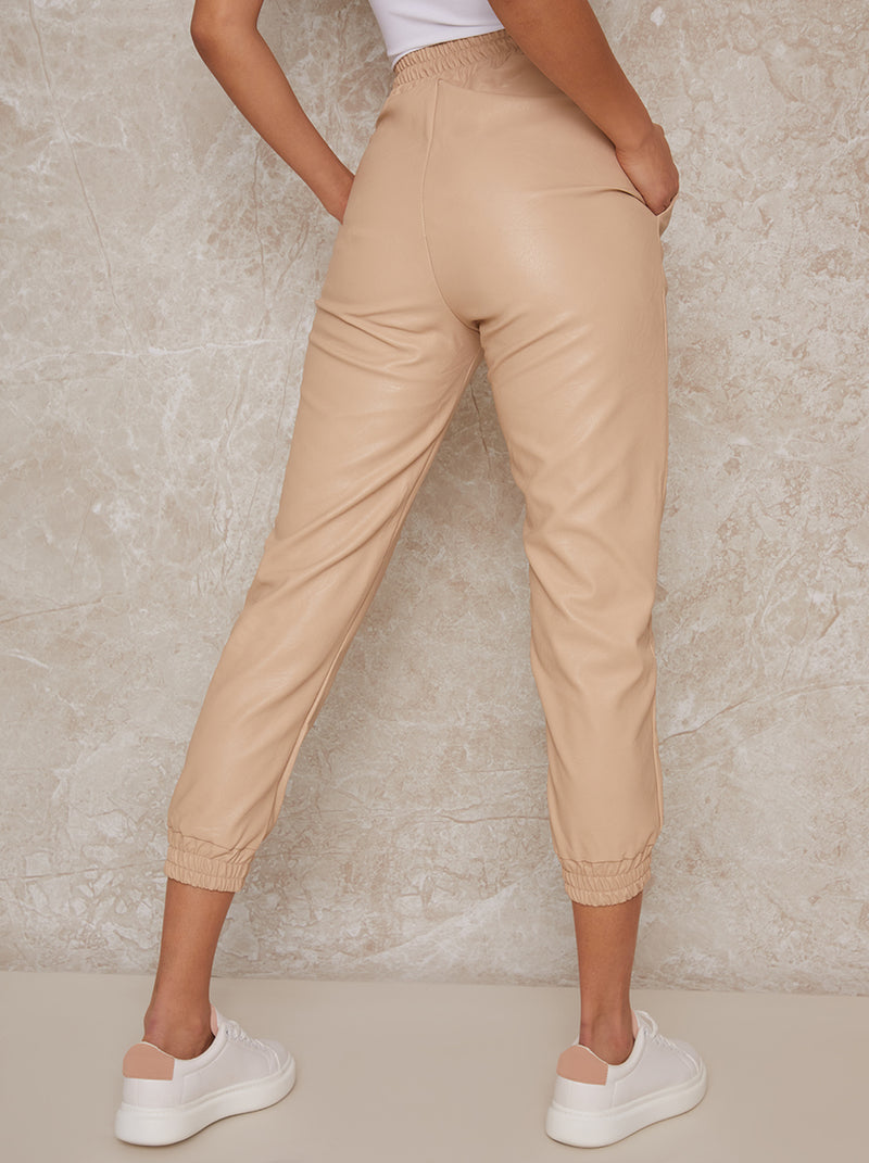 Pleather Drawstring Joggers with Cuffs in Beige