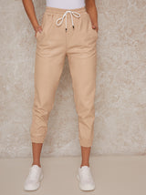 Pleather Drawstring Joggers with Cuffs in Beige