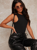 Pleather Drawstring Joggers with Cuffs in Black