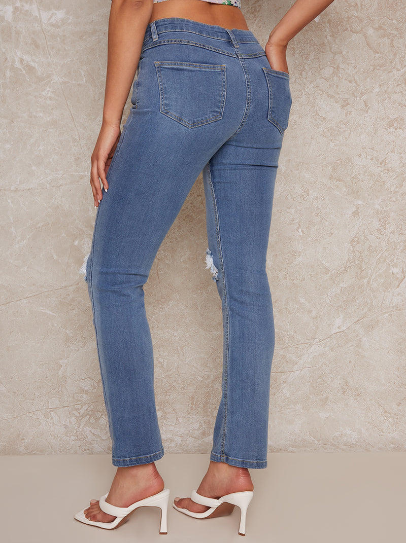 High Waisted Ripped Knee Slim Jeans in Blue