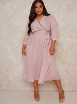 Plus Size Long Sleeve V Neck Pleated Wrap Dress in Pink