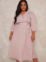 Plus Size Wrap Style Pleat Midi Dress in Pink