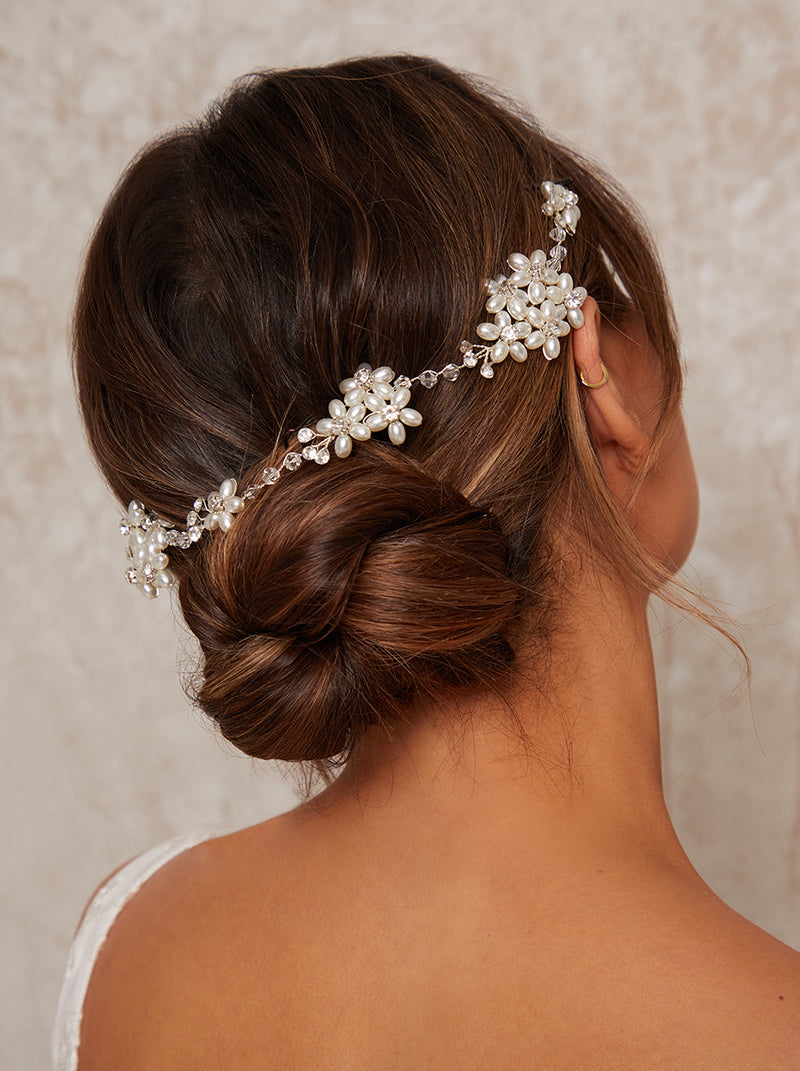 Pearl & Diamante Floral Beaded Hair Piece in Silver