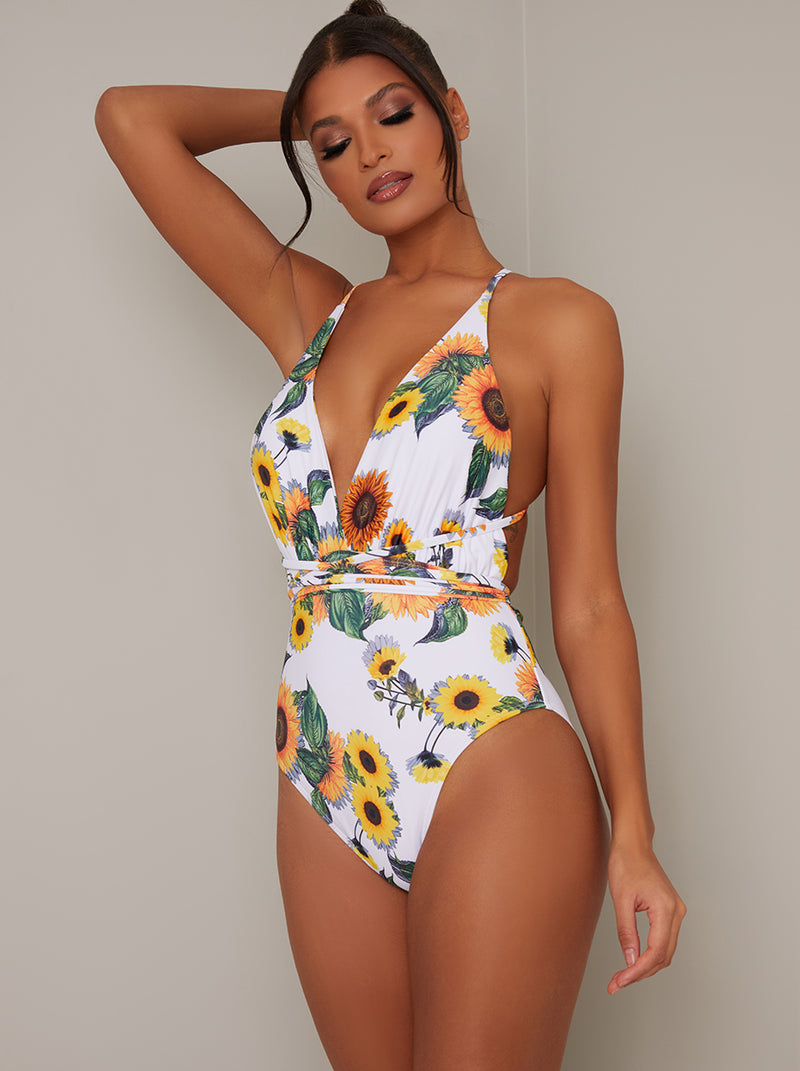 Plunge Neck Strappy Sunflower Swimsuit in White – Chi Chi London