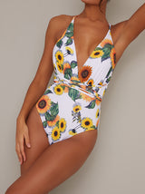 Plunge Neck Strappy Sunflower Swimsuit in White