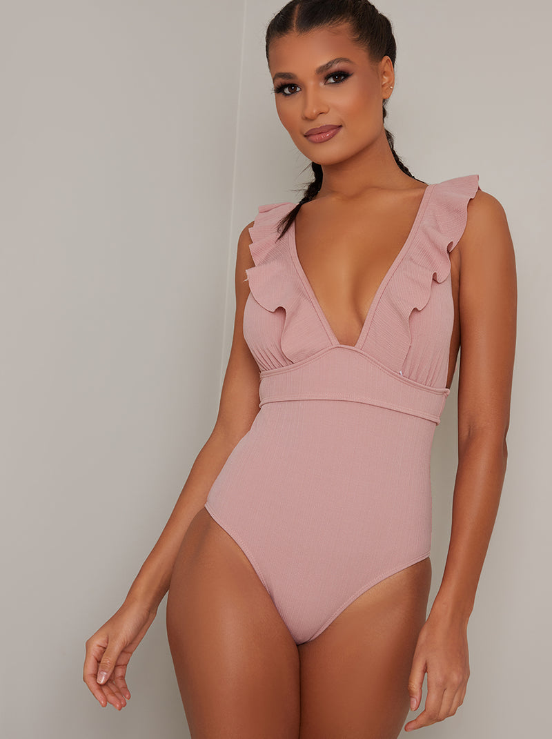 Frill Detail High Leg Swimsuit in Pink