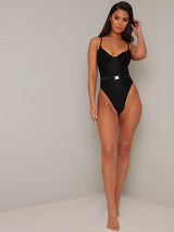 High Cut Cami Strap Belted Swimsuit in Black